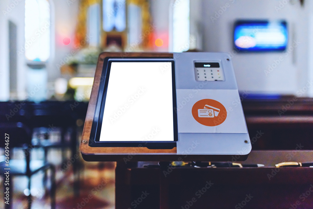 Mockup white screen.Electronic card payment terminal for church ...
