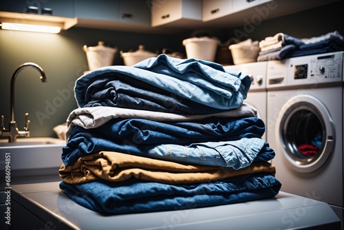 Alltägliche Wäsche: Ein Stapel Kleidung im Hauswirtschaftsraum. Gleichberechtigung bei der Hausarbeit. photo