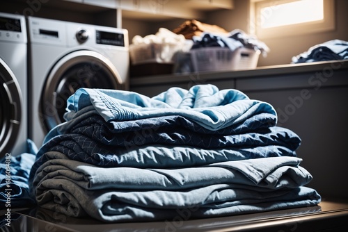 Alltägliche Wäsche: Ein Stapel Kleidung im Hauswirtschaftsraum. Gleichberechtigung bei der Hausarbeit. photo