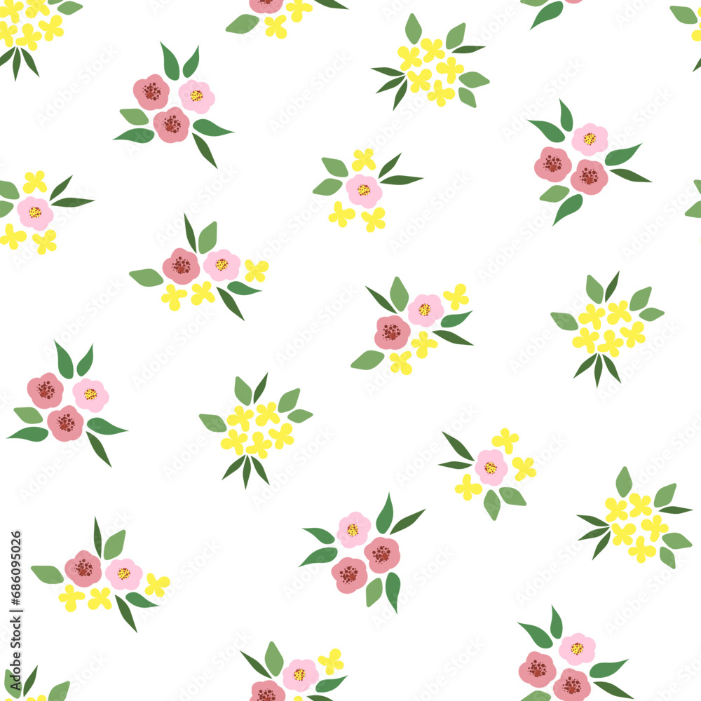 Seamless floral pattern, loose print with beautiful botany sketch. Artistic botanical design: small hand drawn flowers, tiny leaves on a white background. Vector illustration. Seamless floral pattern, loose print with beautiful botany sketch. Artistic botanical design: small hand drawn flowers, tiny leaves on a white background. Vector illustration.