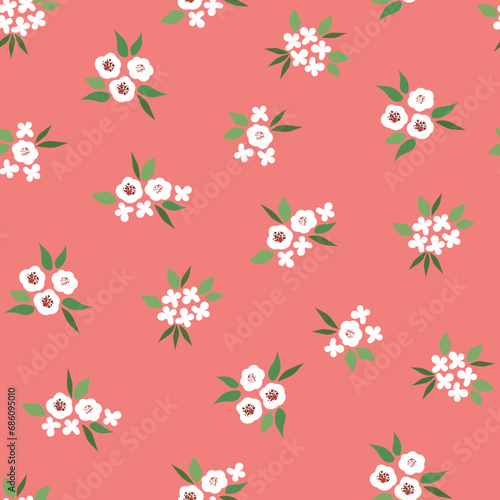 Seamless floral pattern, loose print with beautiful botany sketch. Artistic botanical design: small white flowers, hand drawn, tiny leaves on a red background. Vector illustration. © Marisha paint