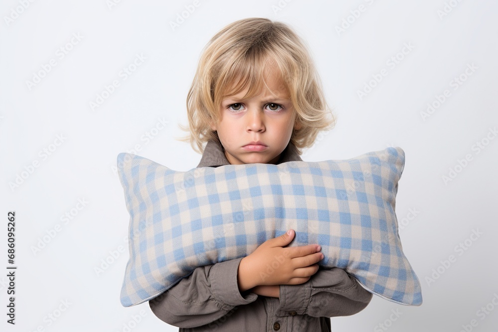 Dreamland Fatigue: Little Boy in Pajamas, Exhausted, Clutching a Pillow Against White Background Dreamland Fatigue: Little Boy in Pajamas, Exhausted, Clutching a Pillow Against White Background