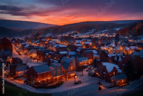 Experience the twilight in Eastern Pennsylvania, the landscape bathed in the soft glow of the setting sun, a small town nestled against rolling hills photo