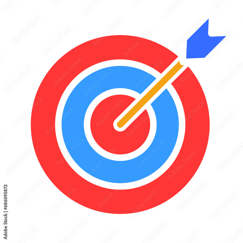 Target with arrow in its center. Aim, sight, audience, smm, marketing, targetologist, market, sale of information services, recruit client base, launch a course. Colorful icon on white background Target with arrow in its center. Aim, sight, audience, smm, marketing, targetologist, market, sale of information services, recruit client base, launch a course. Colorful icon on white background