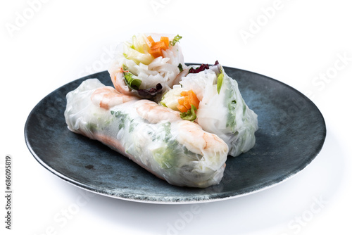 Vietnamese spring rolls with vegetables, rice noodles and prawns isolated on white background