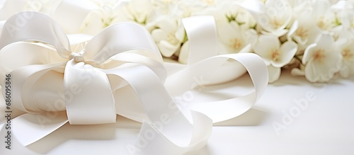 White flower ribbon on christening objects in closeup. photo
