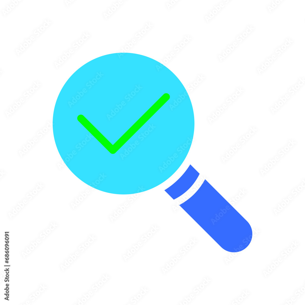 Magnifier with check mark. Magnifying glass, approved, agree, agreement, positive result, science, scientist, finding a solution, discovery, research, tick. Colorful icon on white background Magnifier with check mark. Magnifying glass, approved, agree, agreement, positive result, science, scientist, finding a solution, discovery, research, tick. Colorful icon on white background