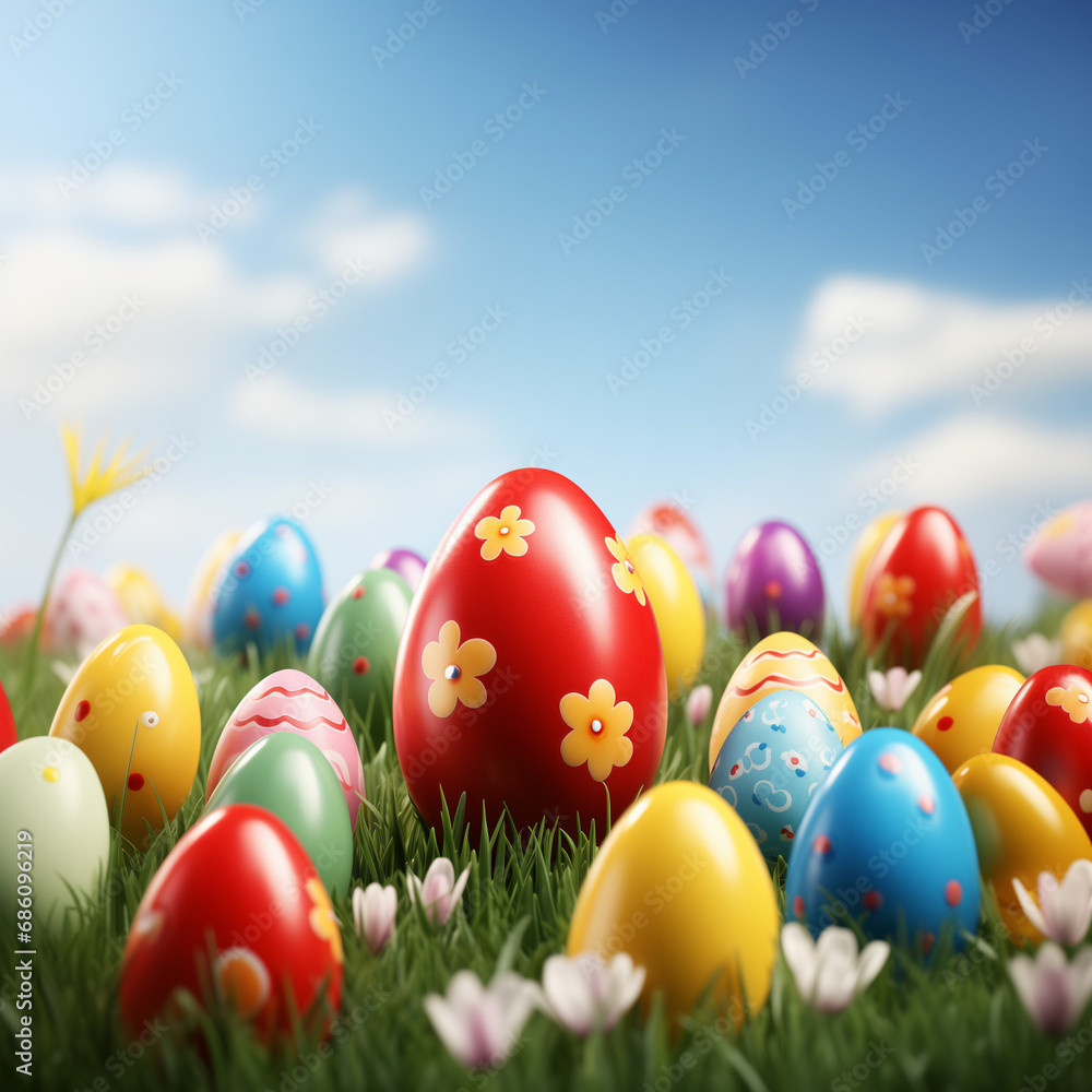 Easter in Bloom: A Vibrant Spring Meadow with Colorful Tulips, Daffodils, and a Basket of Painted Eggs Under a Serene Blue Sky