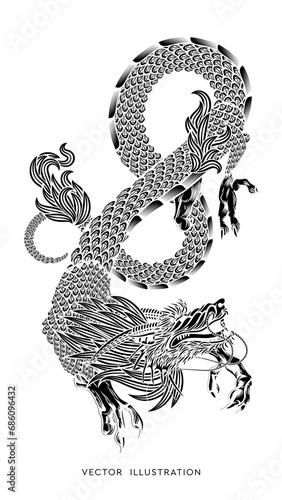 Traditional Chinese Dragon, vector illustration. Hand made. Drawing made with a brush strokes. Tattoo design. New Year 2024 year of the dragon zodiac