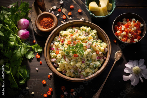 Olivier Salad surrounded by its ingredients on wooden table.