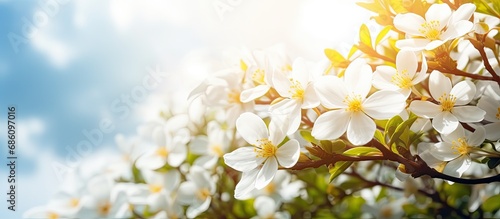 The white flowers are blooming beautifully with yellow petals and surrounded by green nature, open sky, and shining sun.