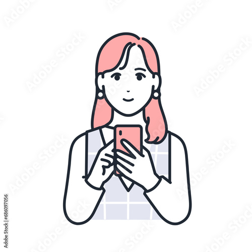 笑顔でスマートフォンを見るおしゃれな若い女性のシンプルなベクターイラスト素材