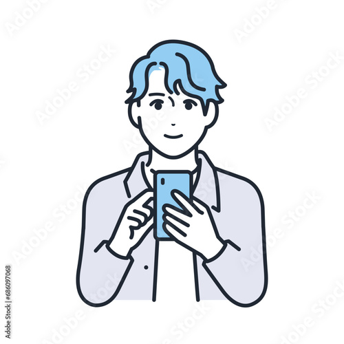 笑顔でスマホを見るカジュアルな服装の若い男性のシンプルなベクターイラスト素材