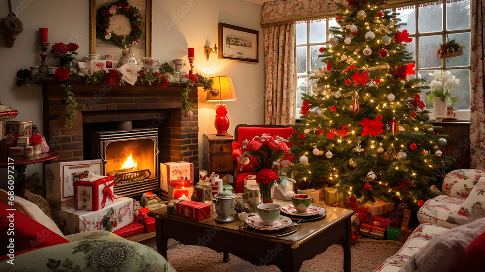room decorated for Christmas with vintage 