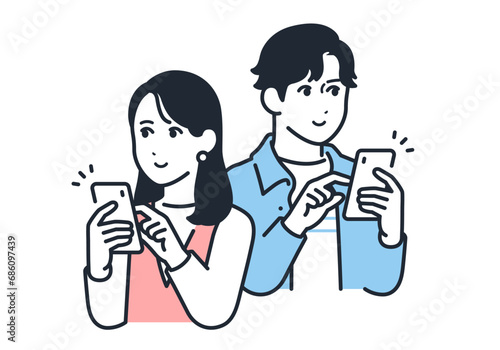 笑顔でスマートフォンを操作する若いカップルのシンプルなベクターイラスト素材