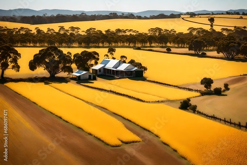 Dive into the heart of an Australian farm landscape, vast fields stretching to the horizon, golden crops swaying in the breeze