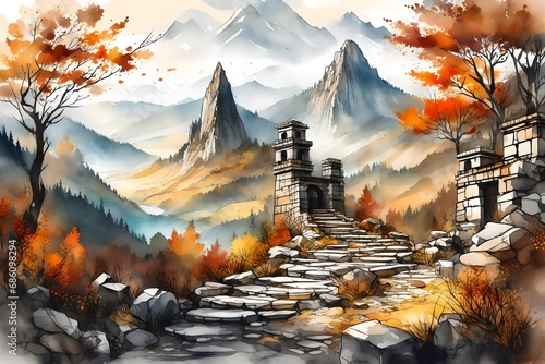 A mesmerizing mountain landscape in autumn, a narrow path leading to a hidden valley with ancient ruins, the air filled with mystery and nostalgia
