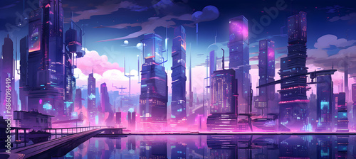 city lights, A Cyberpunk Cityscape Illustration.
