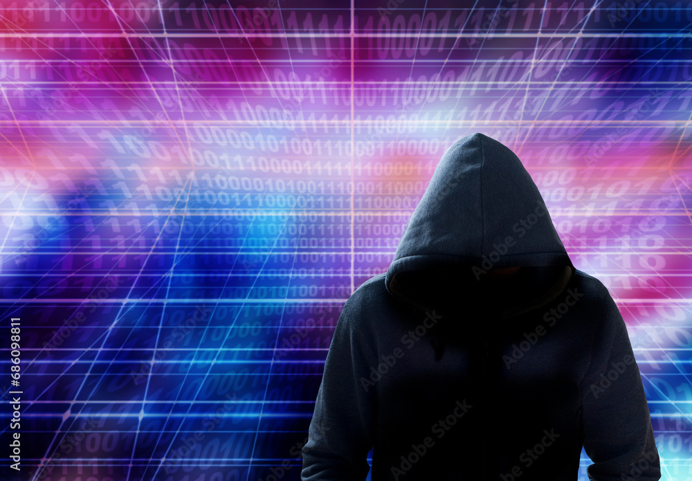 mysterious hacker in hood, binary technology backdrop mysterious hacker in hood, binary technology backdrop