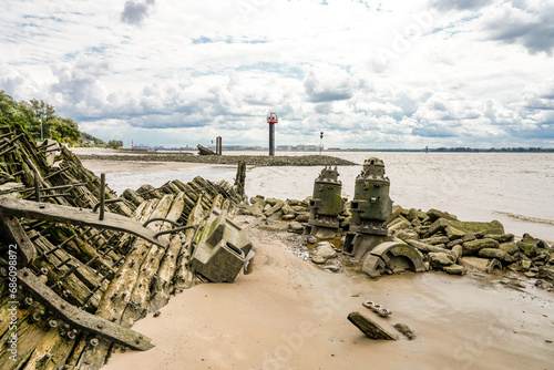 View of the Falkensteiner Ufer and the Polstjernan shipwreck. Historical sight on the Elbe near Hamburg. photo