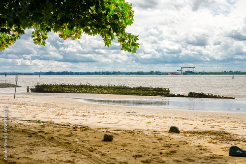 View of the Falkensteiner Ufer and the Polstjernan shipwreck. Historical sight on the Elbe near Hamburg. photo