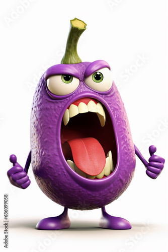 Comic eggplantcharacter frenzy yelling fruit emoji on white background