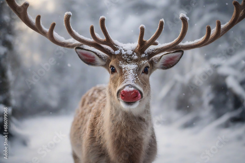 Rudolph The Reindeer Looking Directly into Camera in North Pole Snowy Winter Wonderland Scene