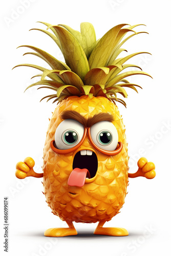 Comic Pineapple character frenzy yelling fruit emoji on white background