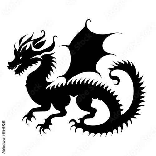Black silhouette of a dragon on a white background. Vector illustration. Chinese New Year of a Dragon.