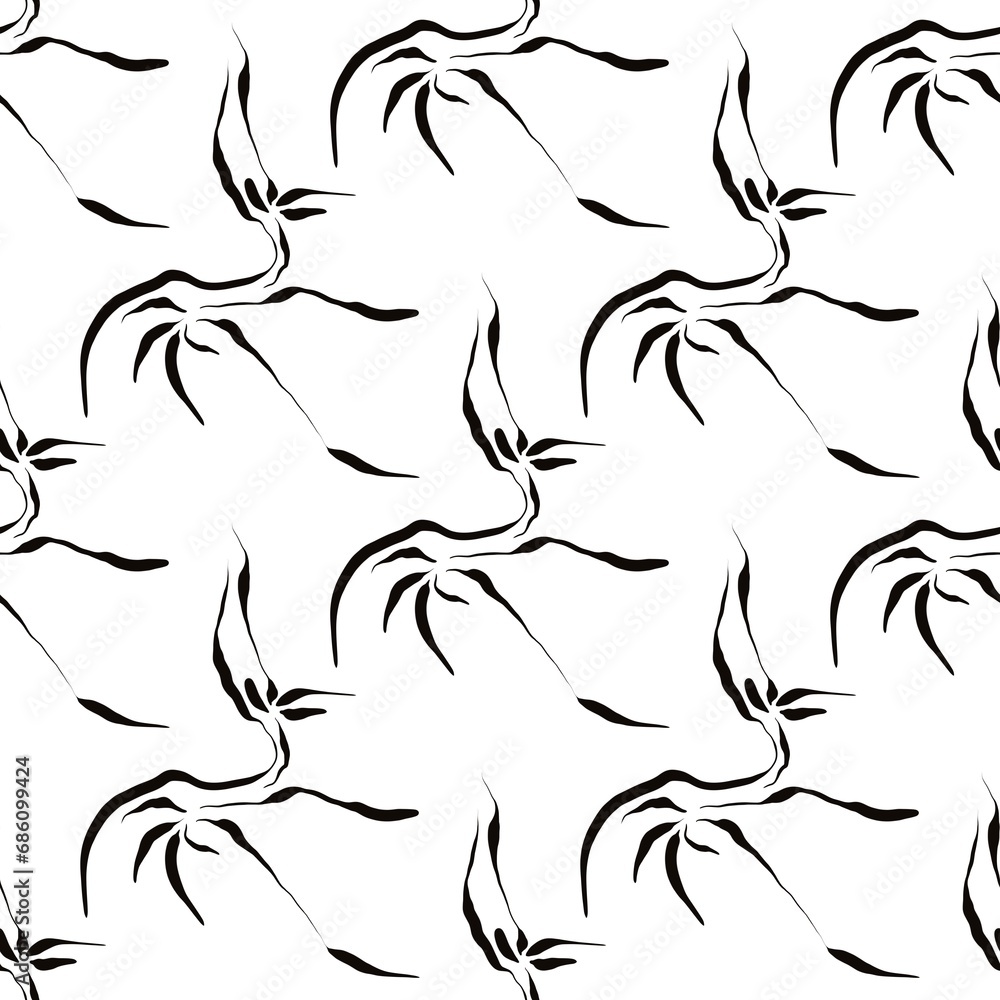 Seamless abstract botanical pattern. Simple background with black, white texture. Digital brush strokes. Flowers, lines. Design for textile fabrics, wrapping paper, background, wallpaper, cover.
