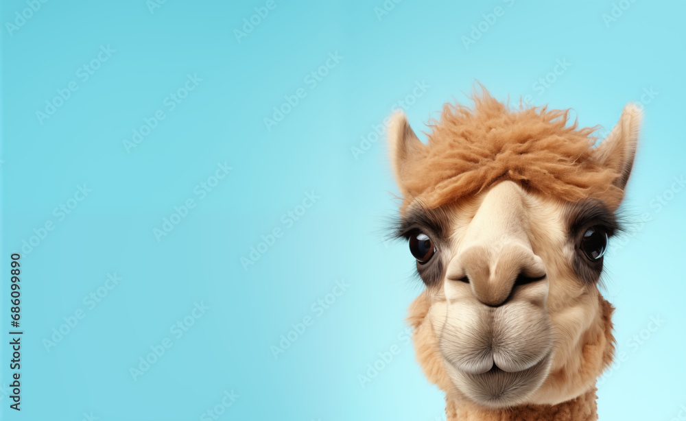 Camel head peeking over pastel bright background.