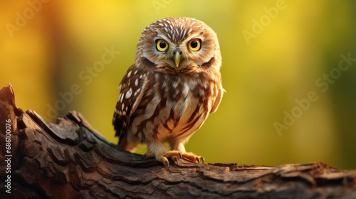 Little owl (Athene noctua) sitting on dry autumn tree. Autumn forest in background. Little owl portrait. Owl sitting on branch. Owl on tree