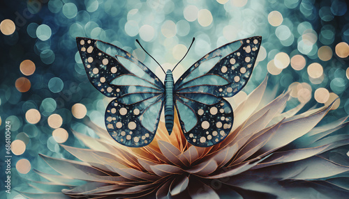 illustrazione di farfalla e di fiore su sfondo di aloni luminosi photo