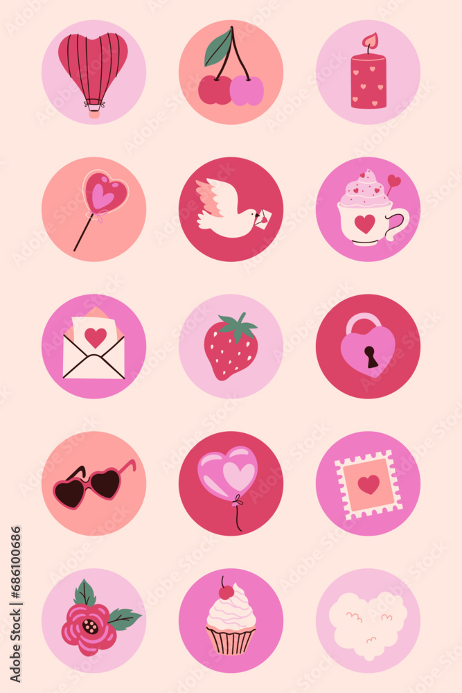 Circle stickers with Valentine's Day items. Vector graphics.