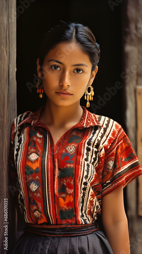 Portrait of a beautiful young mexican woman in traditional clothes.