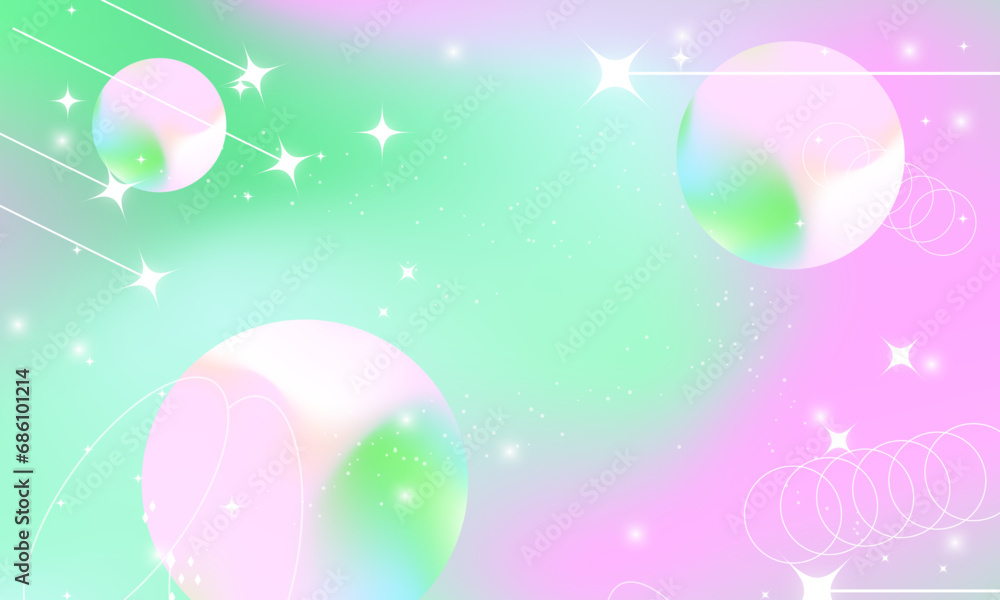 Beautiful Iridescent Pastel Gradient banner with geometric element design Small geometric shapes, circles, stars, diamonds, rings, spots. Perfect for backgrounds, presentations, banners, templates.