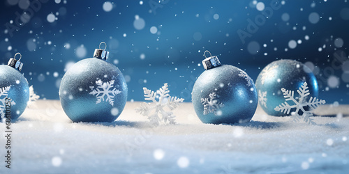 Blue christmas balls on the snow, Blue christmas wallpaper banner photography, Christmas balls and snowflake on abstract background generative AI   © Mustafa