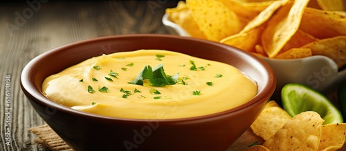 Yellow homemade cheese dip with tortilla chips and lime.