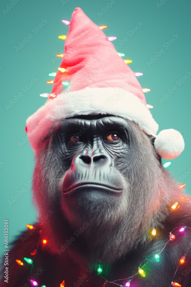 A solemn gorilla adorned with a santa claus hat and colorful christmas lights on a teal background A solemn gorilla adorned with a santa claus hat and colorful christmas lights on a teal background