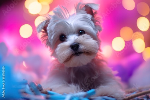Elegant yorkshire terrier lying down with a pink and blue bokeh light background