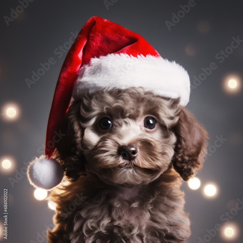 Beautiful portrait of a chocolate brown puppy wearing a santa hat with soft lights