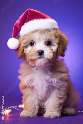 Adorable golden puppy in a santa hat posing with twinkling christmas lights in purple hues