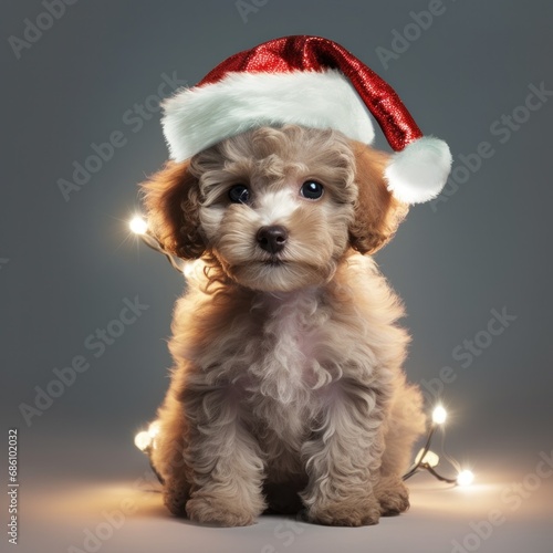Cute golden puppy wearing a santa hat sitting among twinkle lights for christmas theme