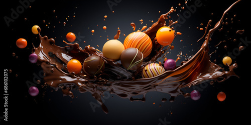 Chocolate creative splash backgrounds. chocolate ball creative design  Chocolate Fantasy  Chocolate cocoa truffle balls with melted chocolate splash. generative ai art. macro 3d illustration  