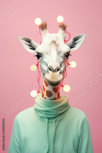 Cute giraffe wearing a green sweater adorned with pink lights against a pastel pink background