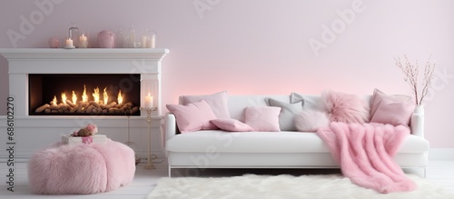 White sofa with pink pillows and fur and woolen blankets near fireplace. Scandinavian hygge home interior design