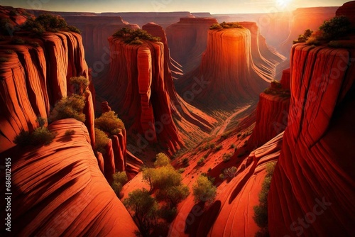 A sunlit canyon with towering red rock formations, casting long shadows in the warm light.
