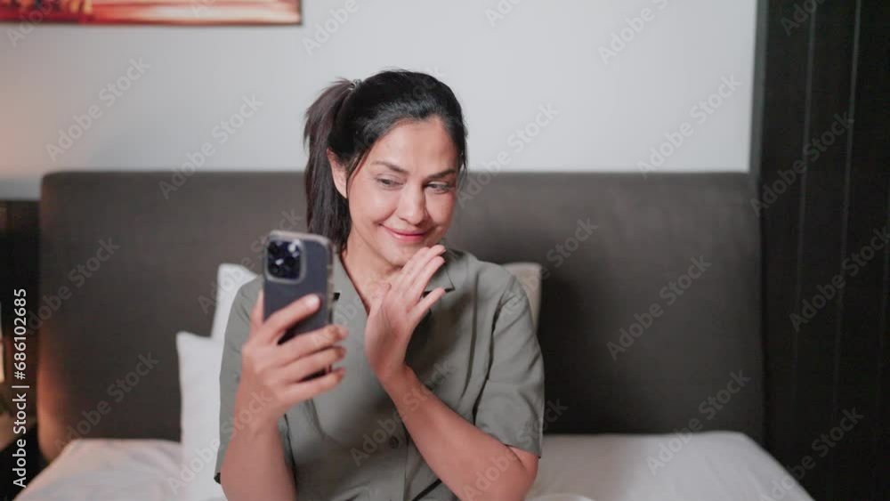 Woman holding a mobile phone using a smartphone device at home to order on the internet Order products online in the app Woman holding a mobile phone using a smartphone device at home to order on the internet Order products online in the app