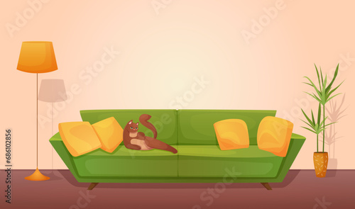 Cat lying on sofa in living room cozy interior vector illustration. Cartoon green retro couch with brown kitten and yellow pillows decor, lamp and plants in living room of home apartment or hotel