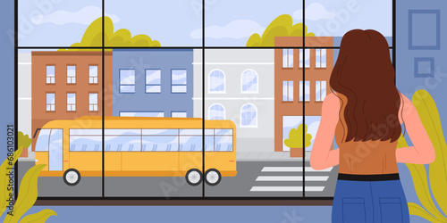 Girl looking at window at bus on city street and thinking vector illustration. Cartoon back view of young woman standing by panoramic window to look outside at old houses and transport, think alone